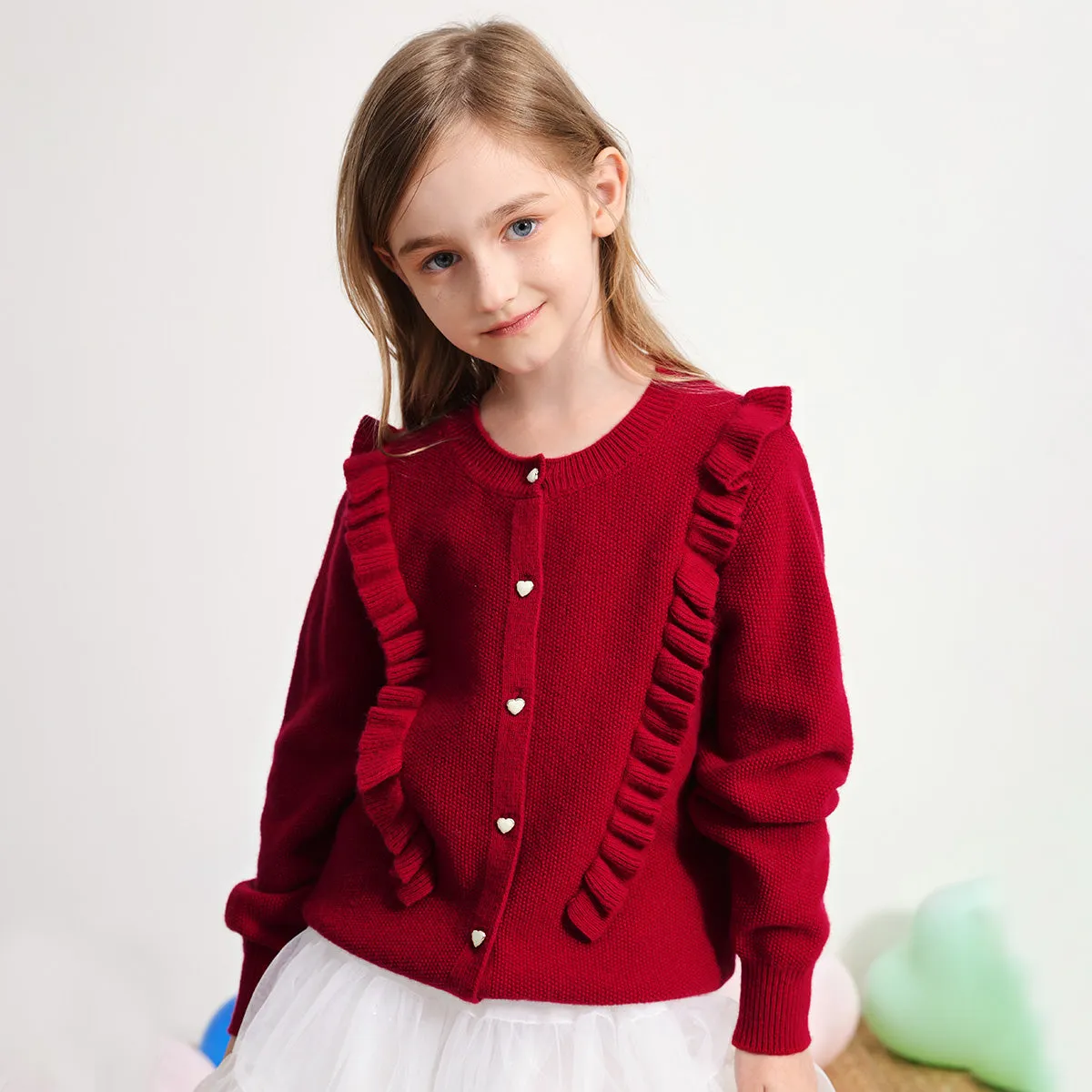 100% Wool Kids Round Neck Heart Button Cardigan