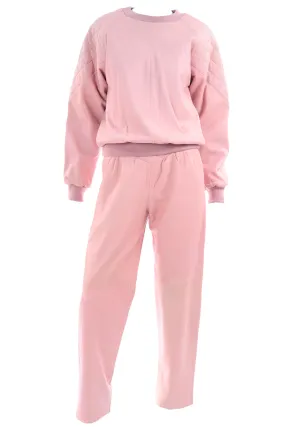 1980s Athleisure Pink Quilted Leather Vintage Tracksuit Sweatshirt Top & Pants