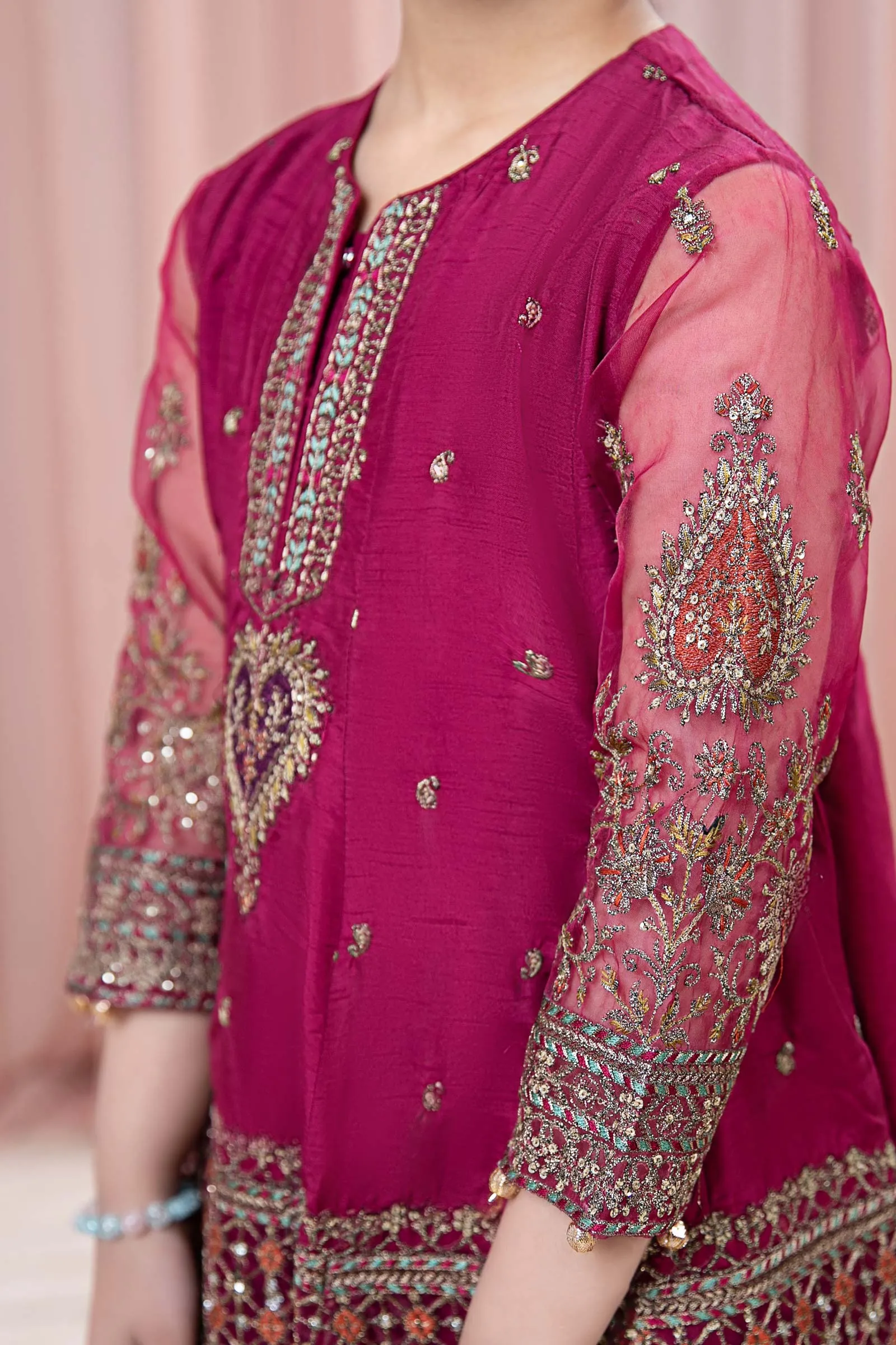 3 Piece Embroidered Raw Silk Suit | MKS-EF24-46