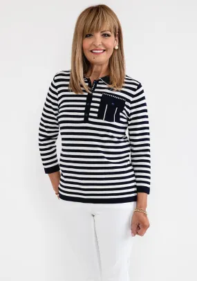 Anonymous Striped Polo Collar Sweater, Navy