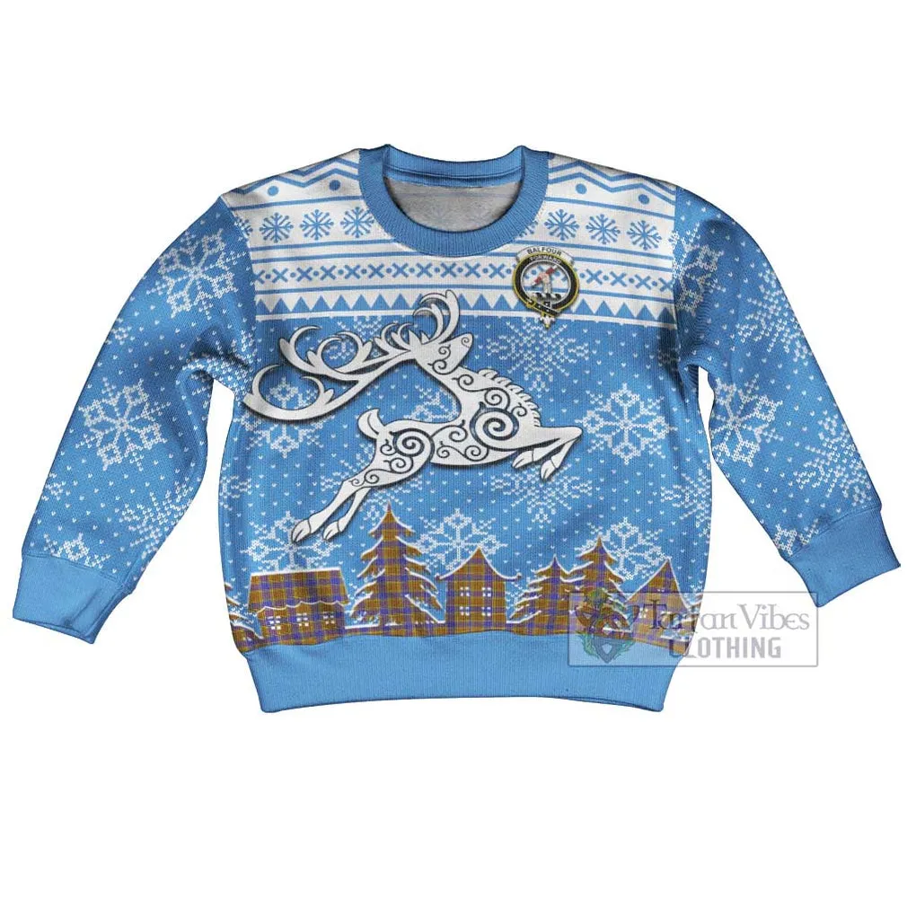 Balfour Clan Christmas Kid Ugly Sweater with Tartan and Celtic Reindeer Style