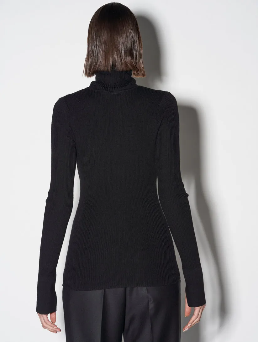 BARBARA BUI BLACK MERINO KNIT ROLLNECK SWEATER WITH PIERCING DETAIL