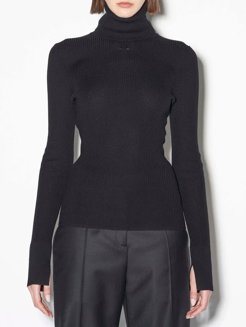 BARBARA BUI BLACK MERINO KNIT ROLLNECK SWEATER WITH PIERCING DETAIL