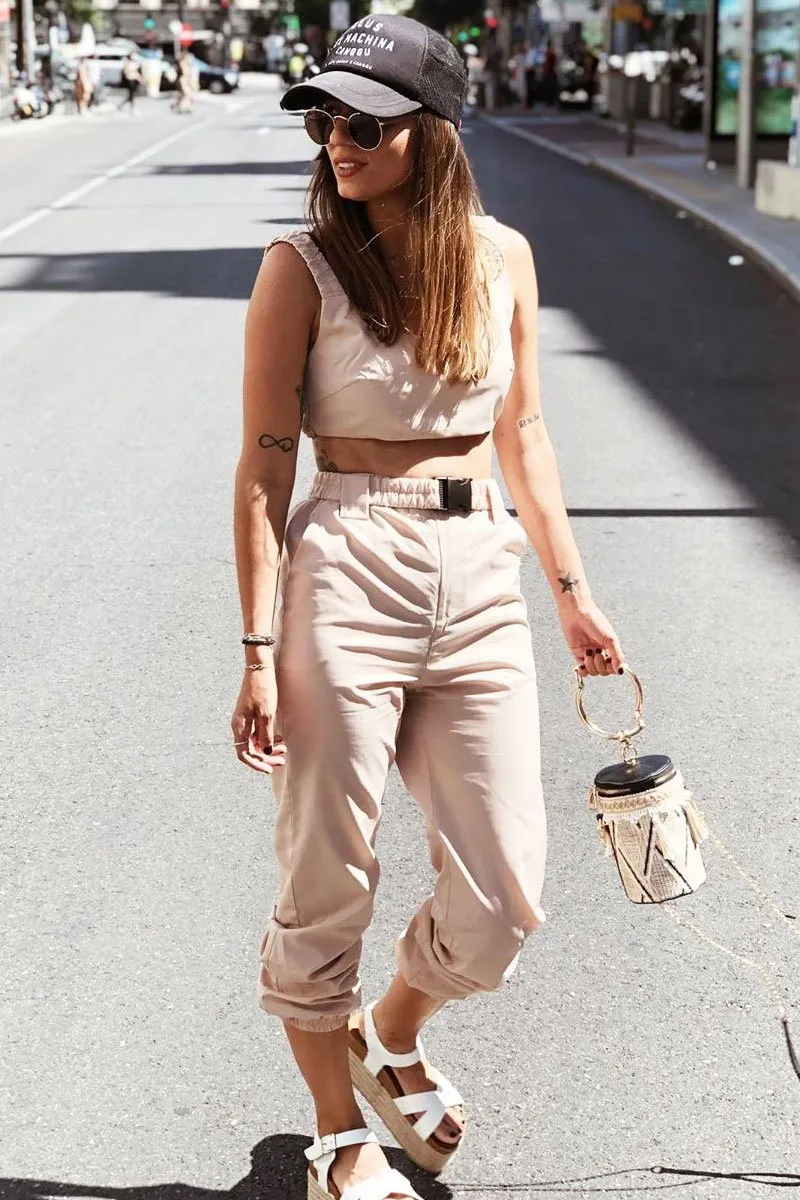 Beige Buckle Cargo Pant Crop Top Co-Ord - Kahri