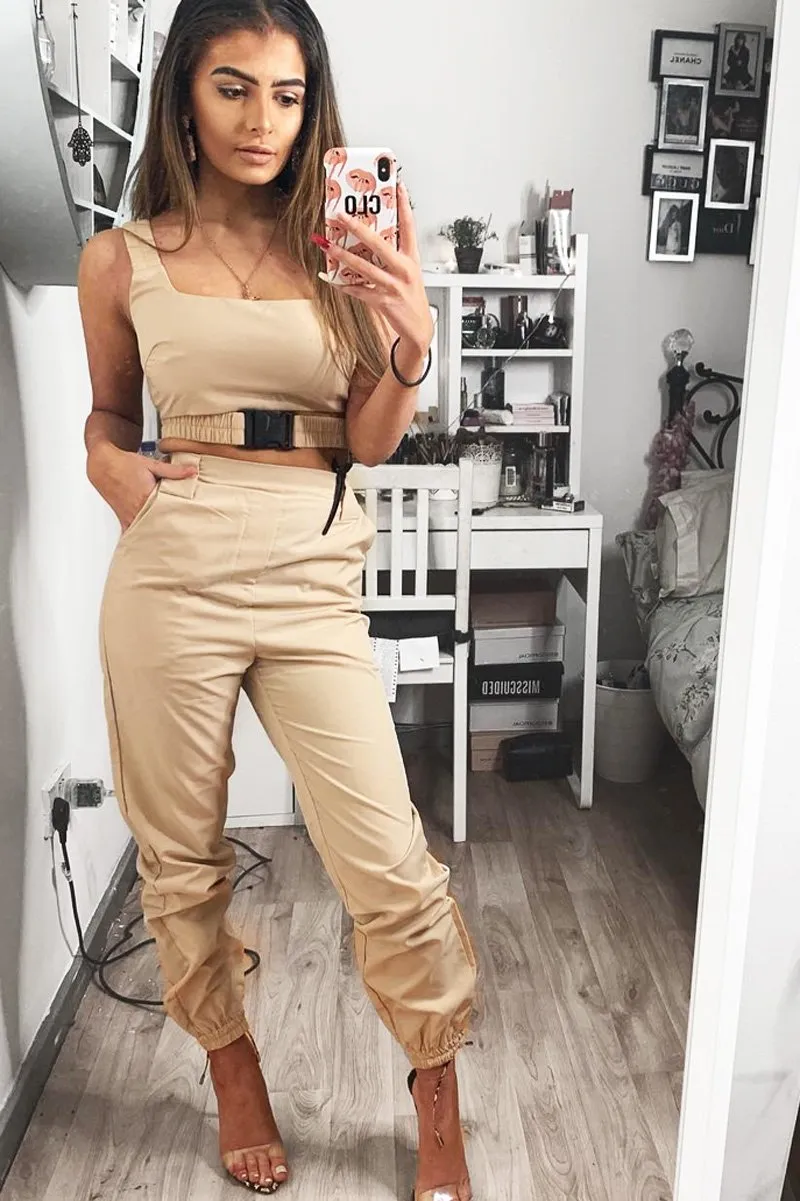 Beige Buckle Cargo Pant Crop Top Co-Ord - Kahri