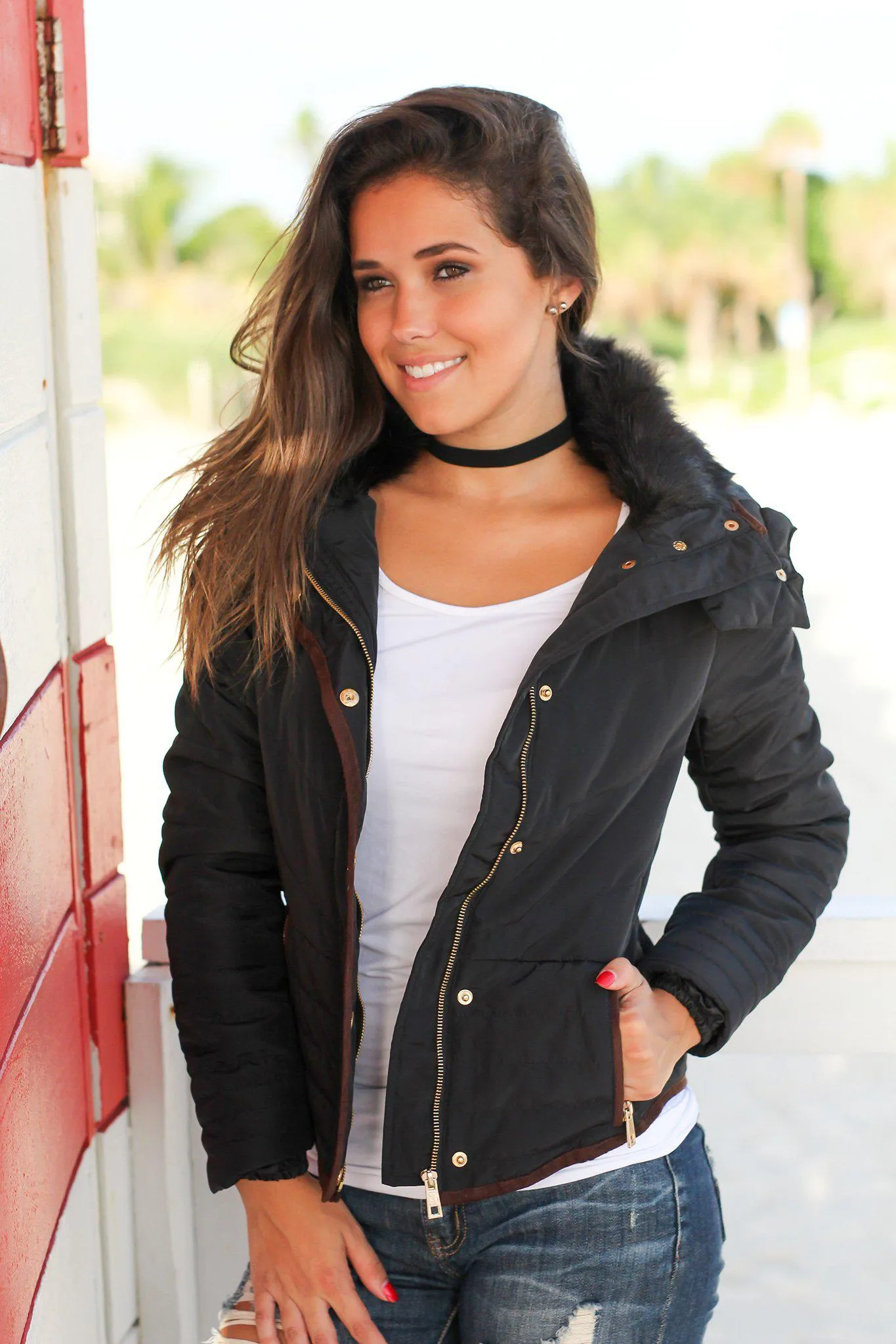 Black Quilted Jacket with Fur Collar