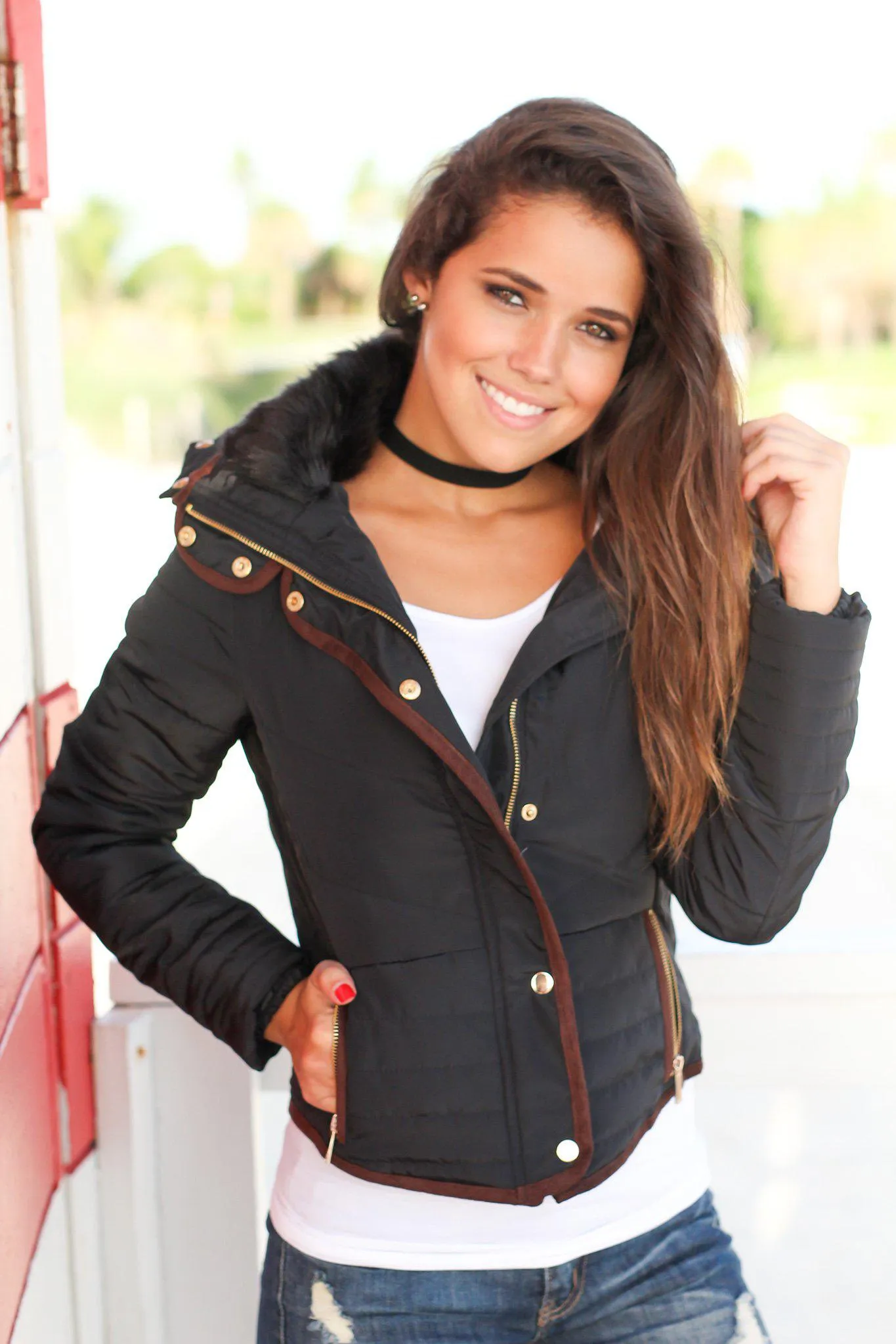 Black Quilted Jacket with Fur Collar