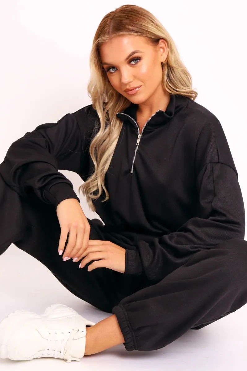 Black Ribbed Front Zip Sweater - Reeta