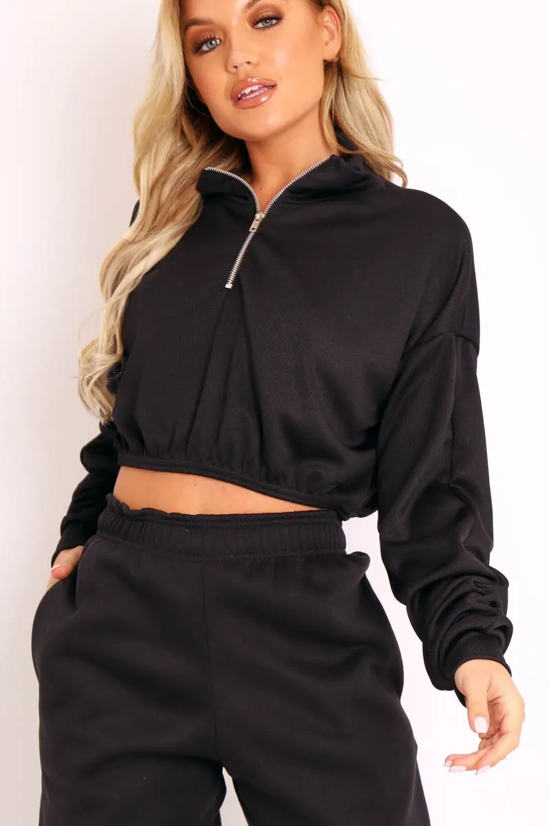 Black Ribbed Front Zip Sweater - Reeta