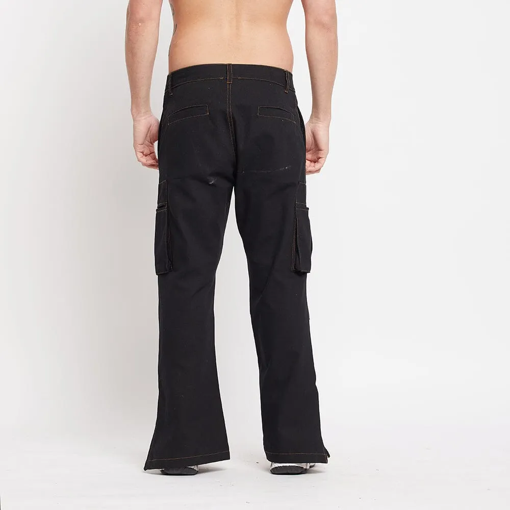 Black Twill Flared Cargo Pants