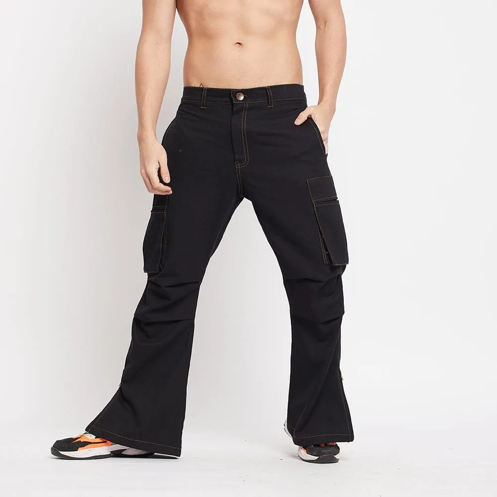 Black Twill Flared Cargo Pants