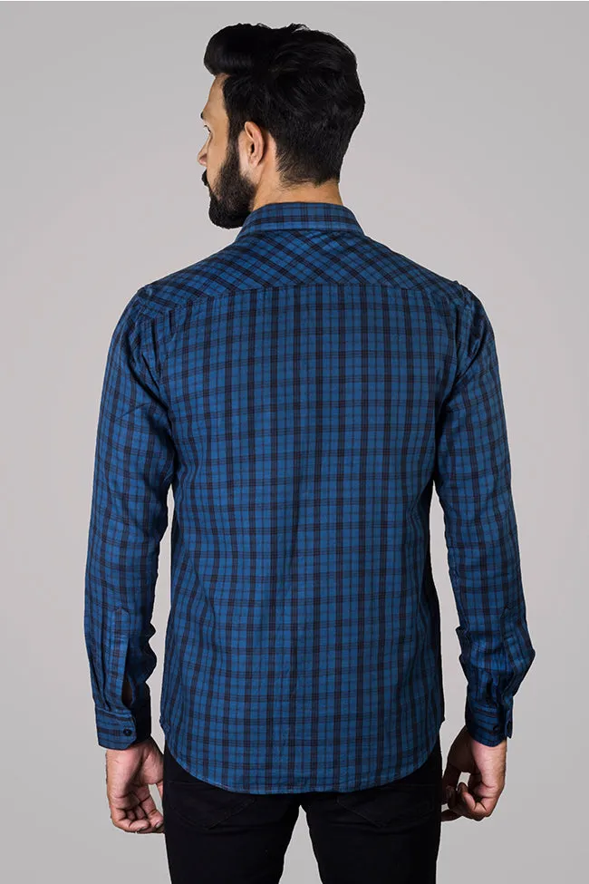 Blue Check Shirt - Men Checked Button Down Collar Cotton