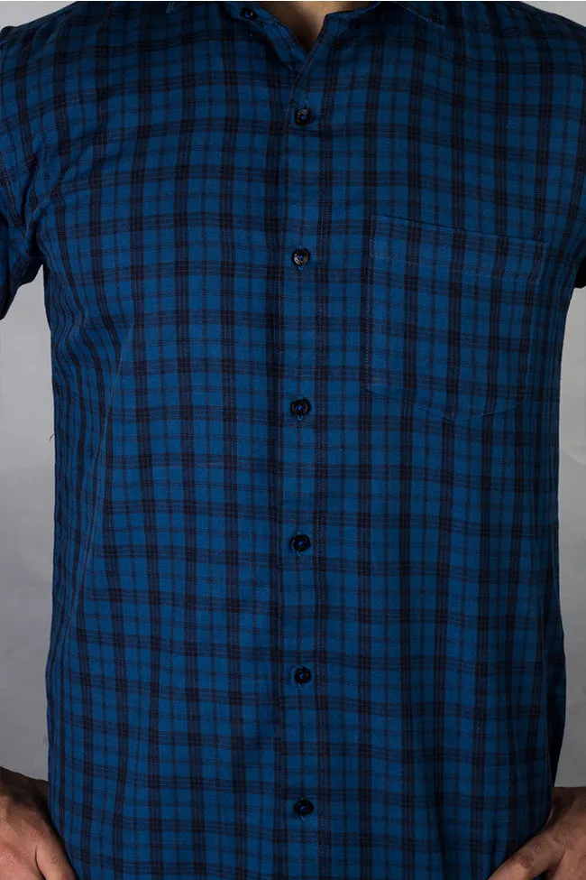 Blue Check Shirt - Men Checked Button Down Collar Cotton