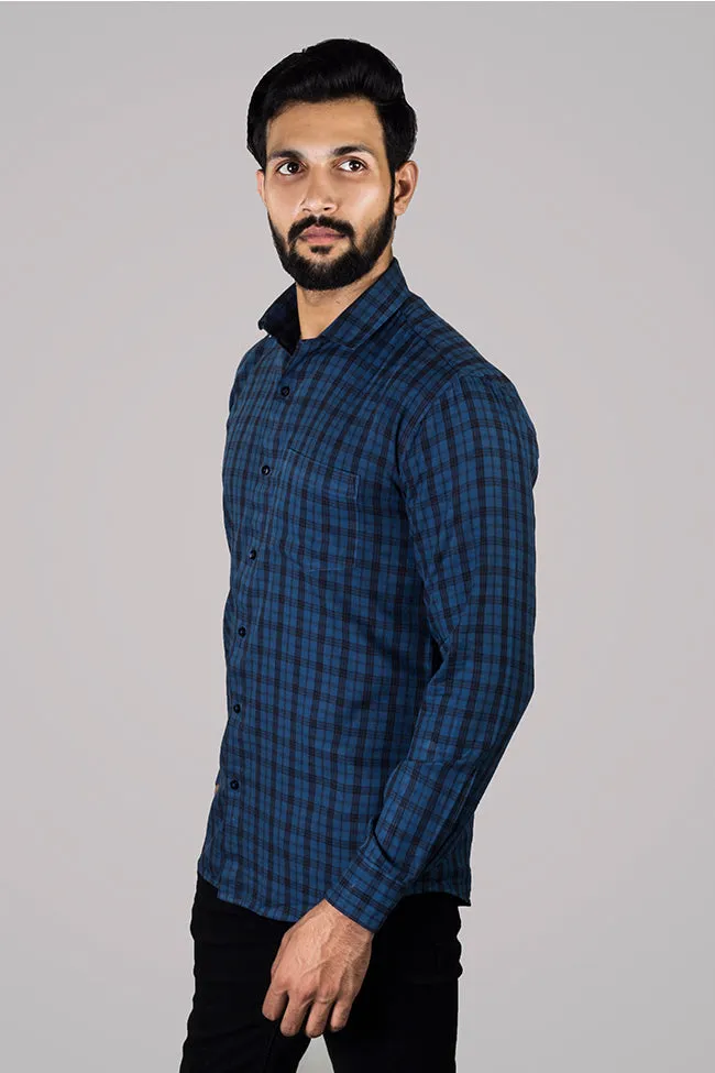 Blue Check Shirt - Men Checked Button Down Collar Cotton