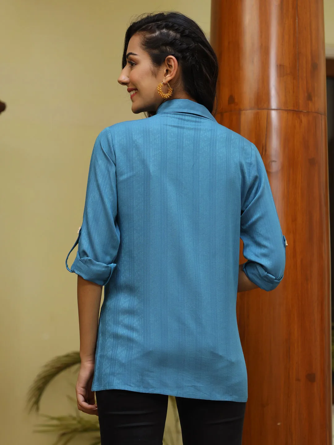 Blue Self Weave Rayon Side Button Detailing Shirt