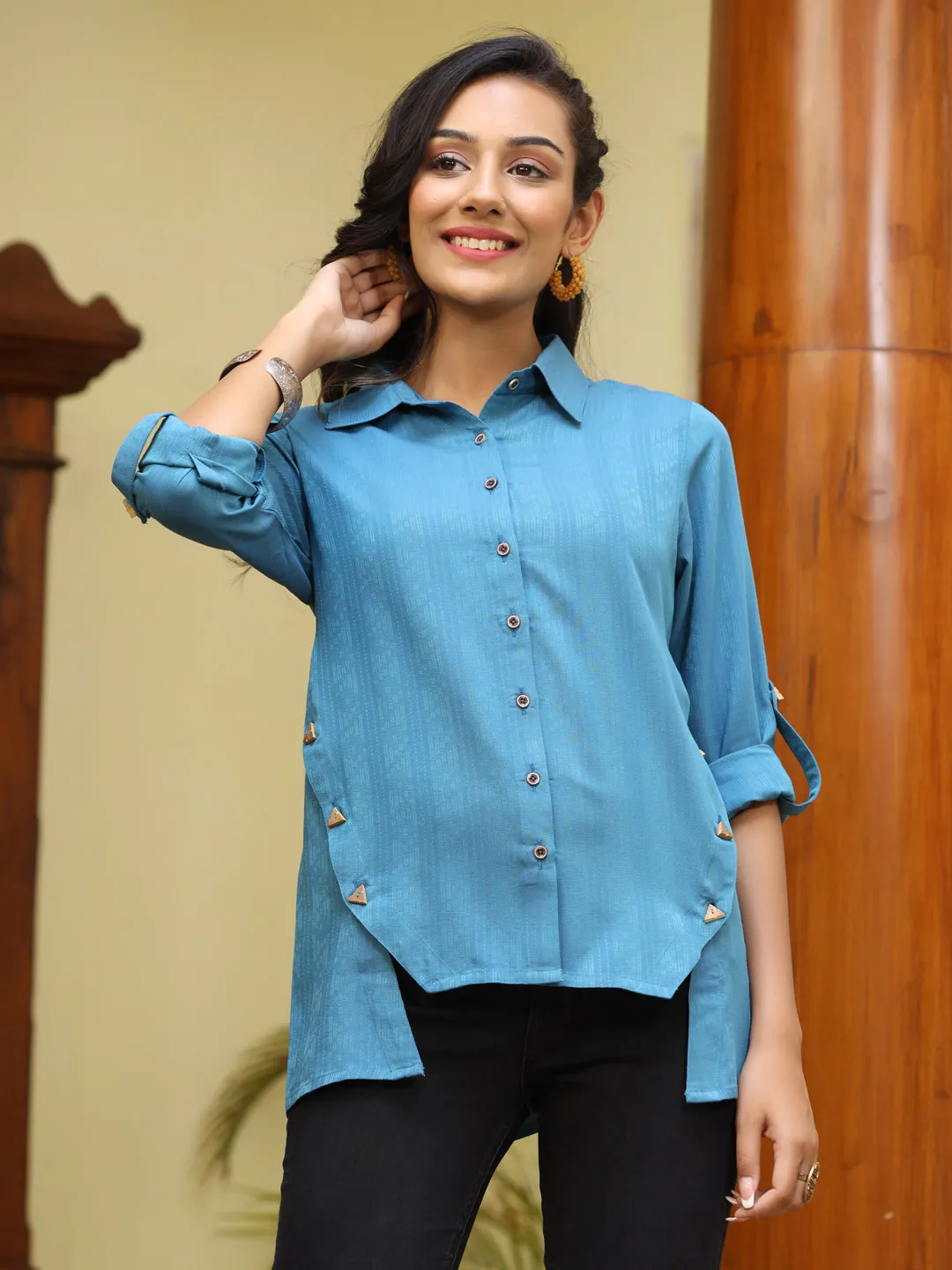 Blue Self Weave Rayon Side Button Detailing Shirt