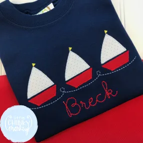 Boy Shirt - Boy Summer Shirt - Sailboat Trio on Navy Blue Shirt