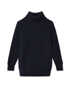 Boys Cable Turtle Neck Cashmere Sweater Navy Blue