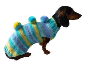 Bright sweater with pompoms for wiener dog, Mini Dachshund Jumper, Clothes Dog Sweater, Sweater for miniature dachshund or small dog.