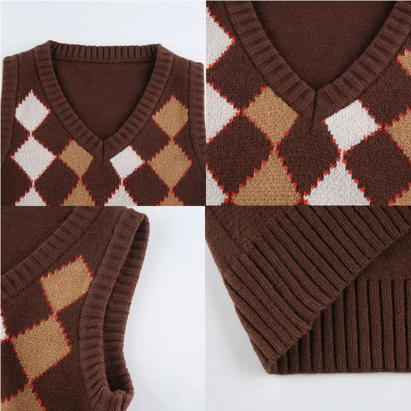 Brown Argyle Vintage Cropped Sweater Vest Autumn Sleeveless Knit Pullover Preppy Style Jumper Casual Plaid Knitwear 90s