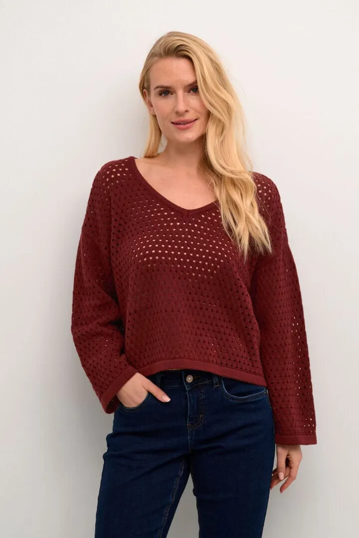 BURGANDY OPEN KNIT V NECK SWEATER