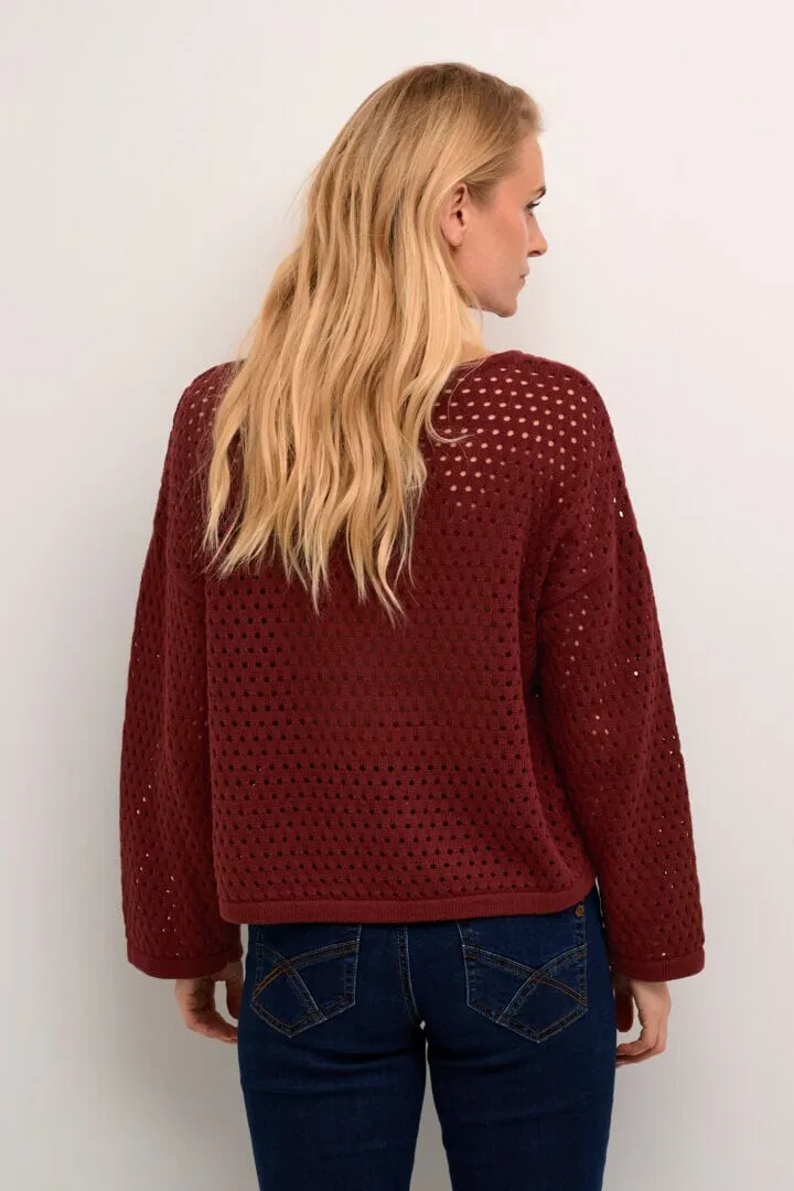 BURGANDY OPEN KNIT V NECK SWEATER