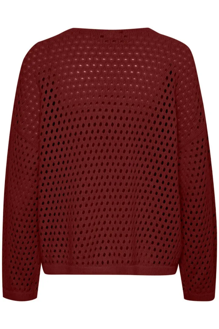 BURGANDY OPEN KNIT V NECK SWEATER