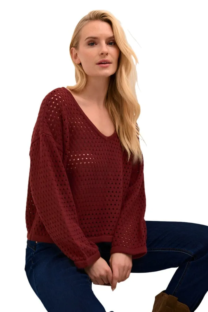 BURGANDY OPEN KNIT V NECK SWEATER