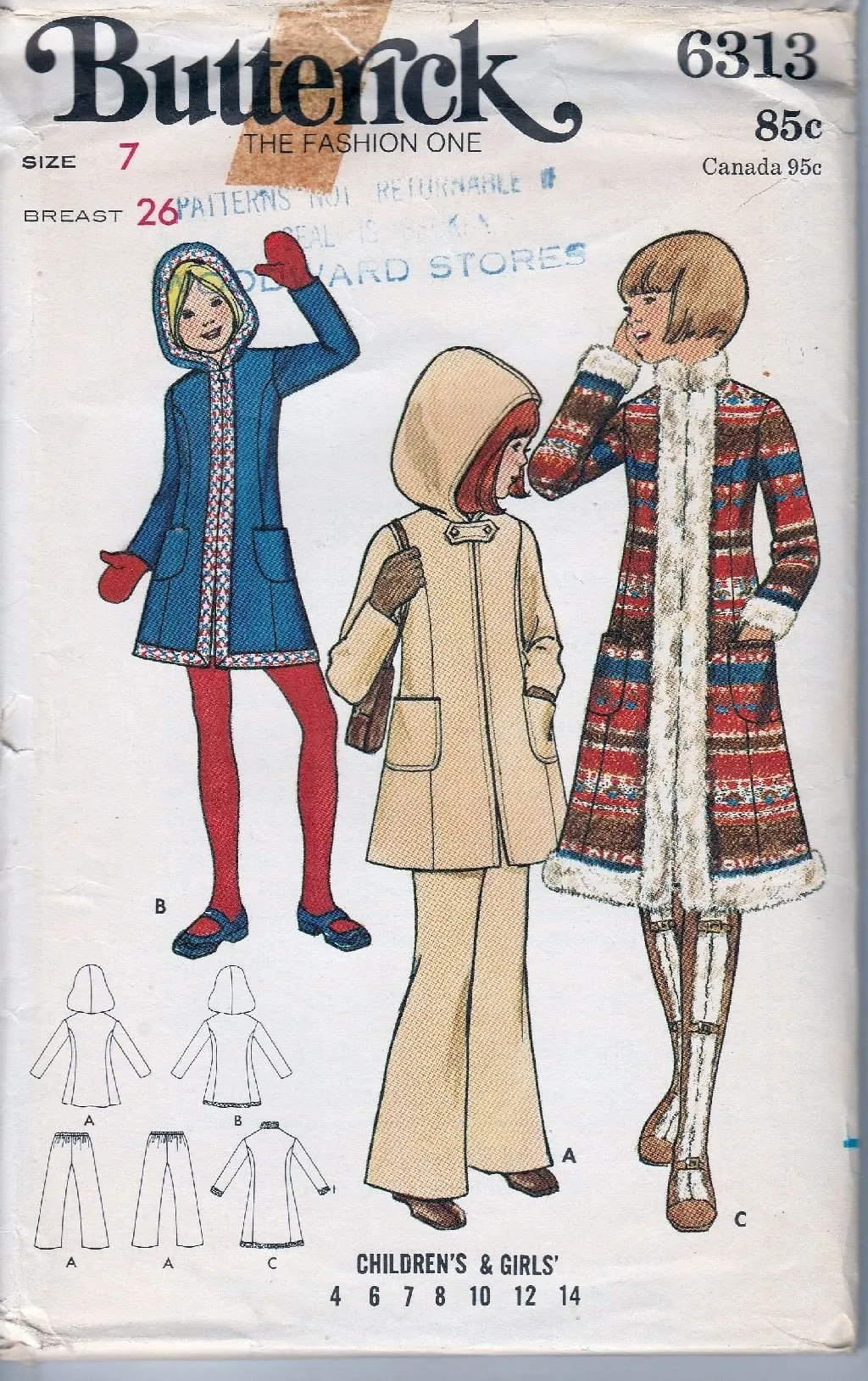 Butterick 6313 Vintage 1970's Sewing Pattern Girls Hooded Coat Flared Pants