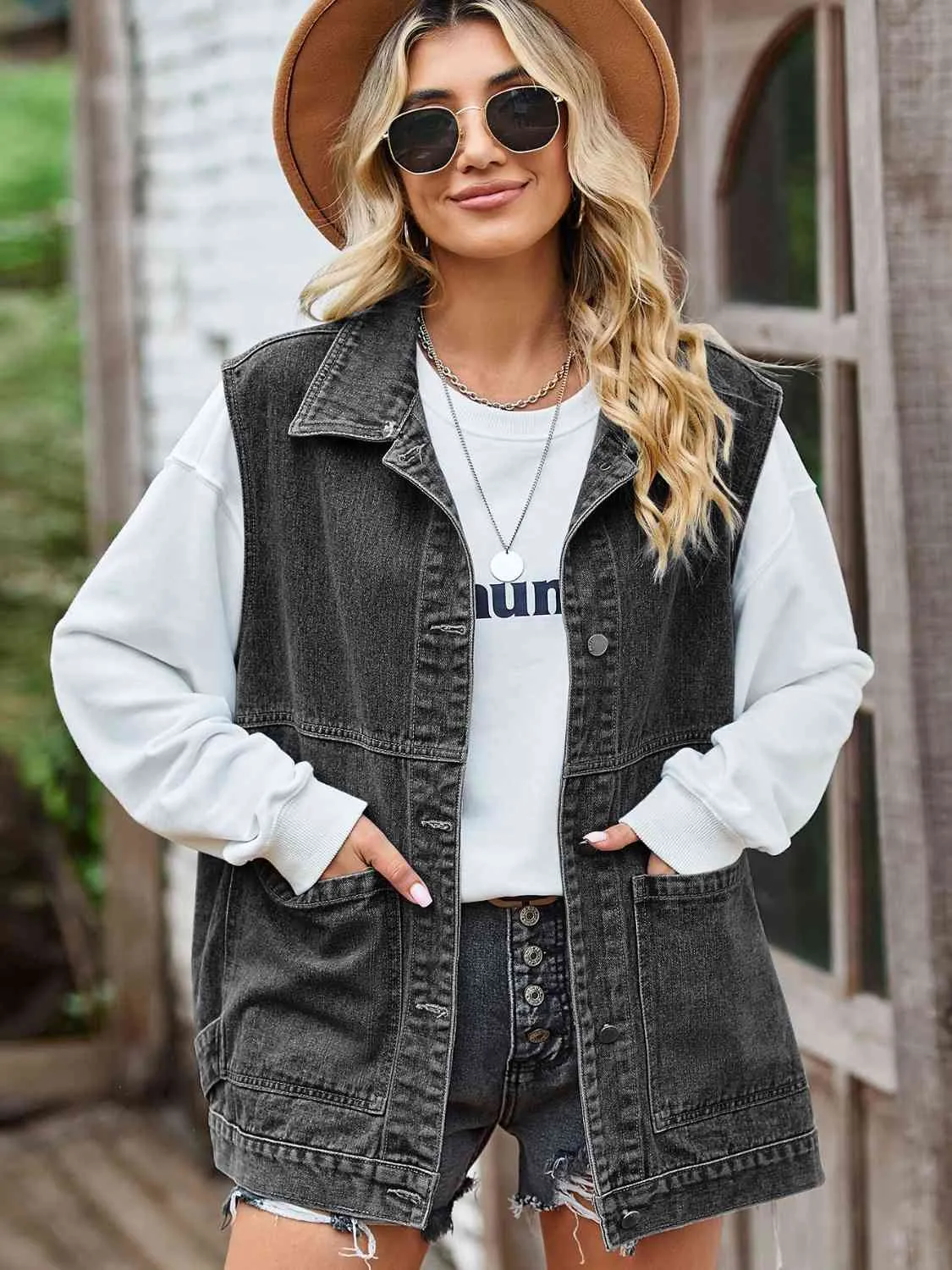 Button Front Sleeveless Denim Jacket