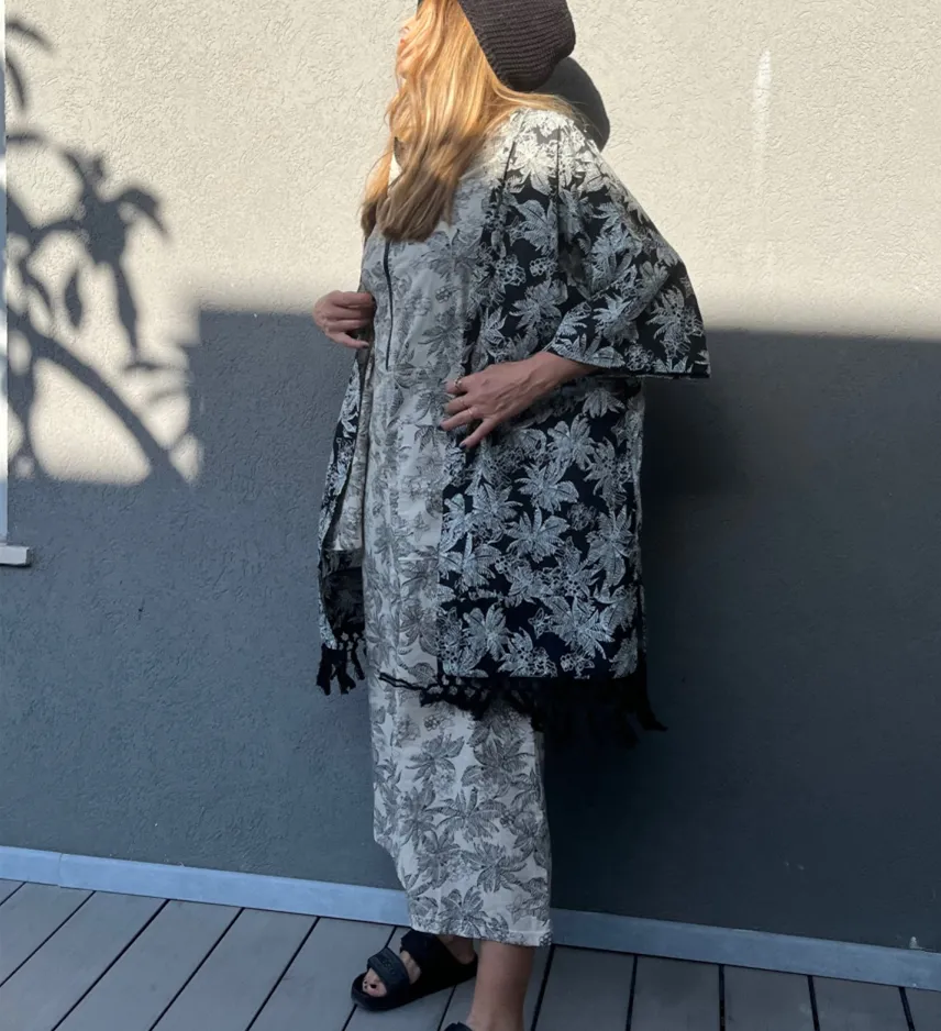 Cardigan Kimono Car2203 in cotton - Black printing