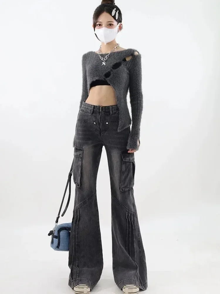 Cargo Flared Jeans Women Vintage Oversize Zip Wide Leg Denim Pants