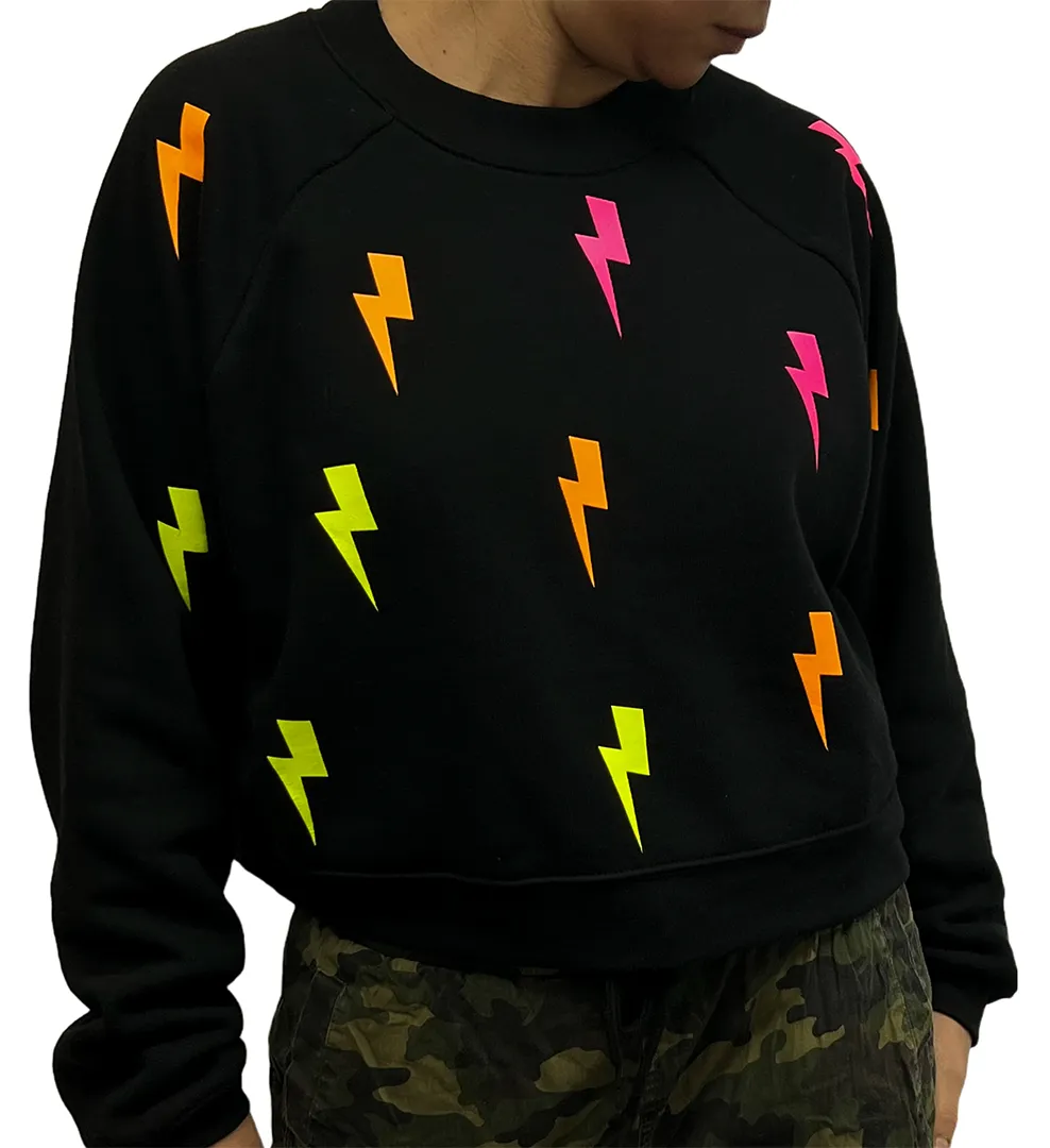 Casey Black Crewneck Sweatshirt - NEON lightning bolts