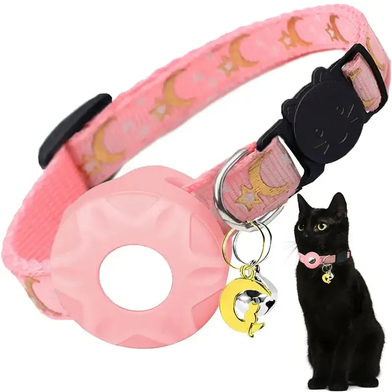 Charming Pet Collar with AirTag Holder & Moon Ornament