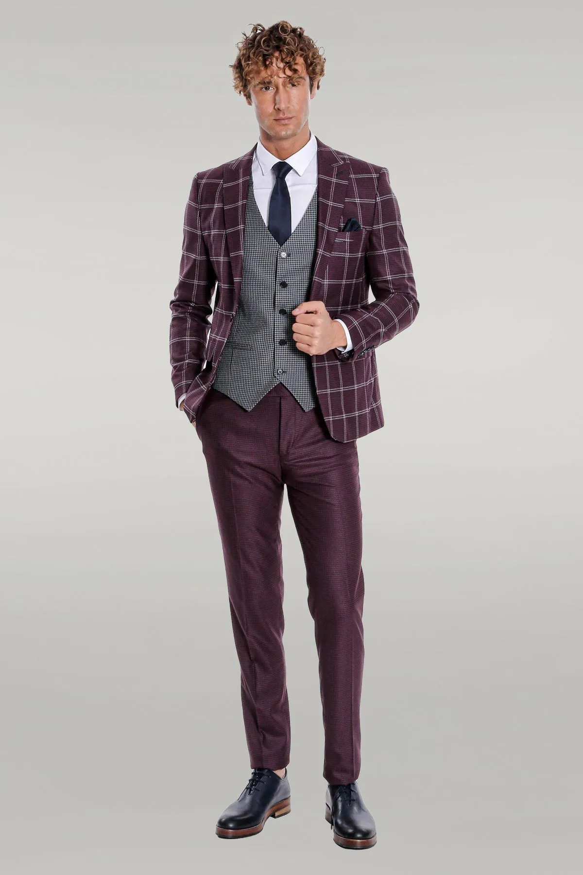 Checked Patterned Slim Fit Burgundy Men Suit - Wessi