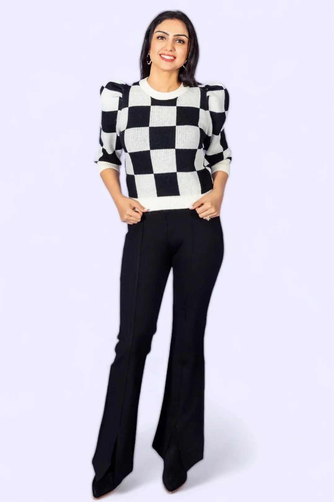 Checkmate Chic Knit Sweater with Puff Sleeves