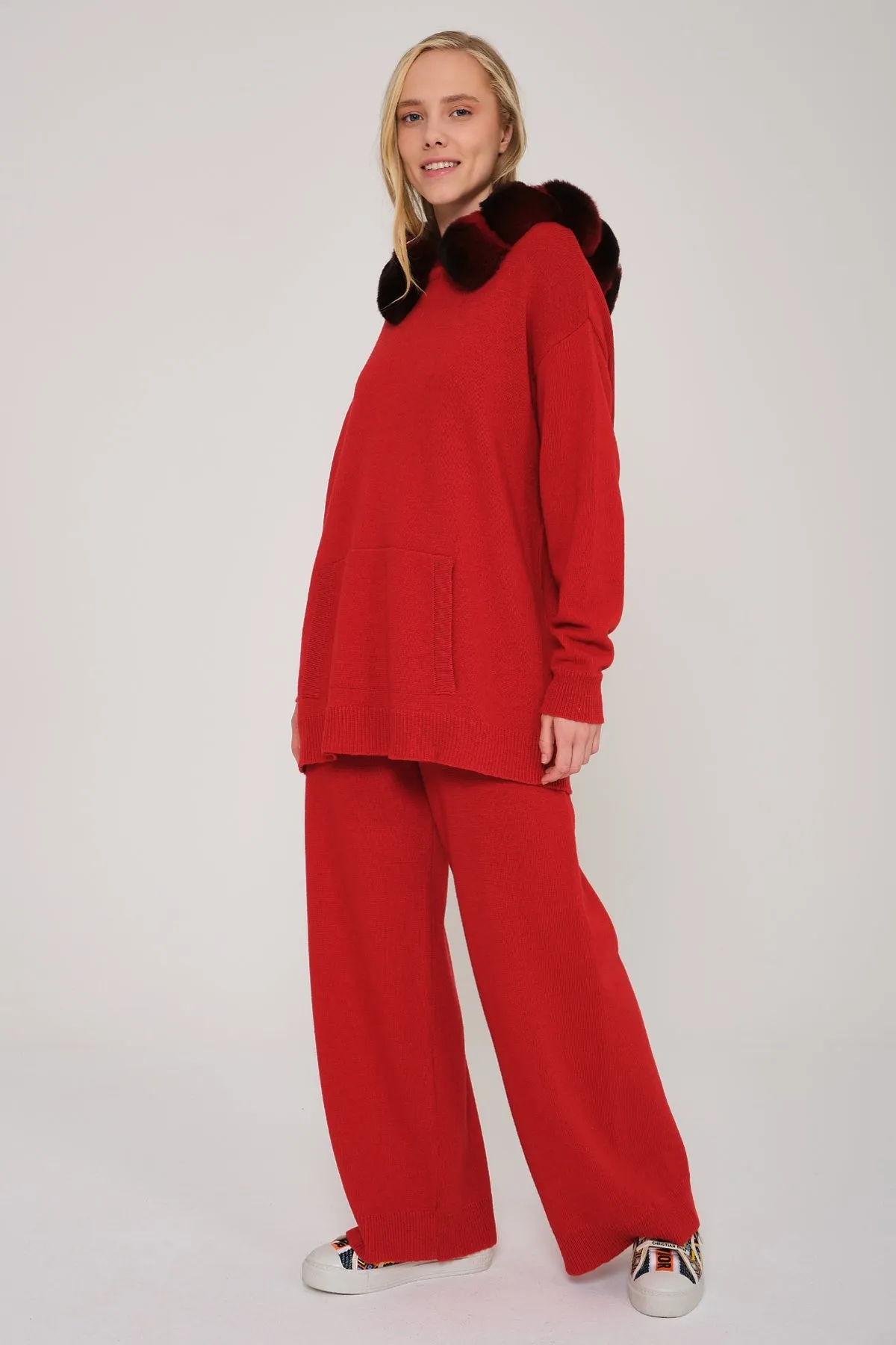 Chinchilla Fur Lined Knit Hoodie & Pants Set