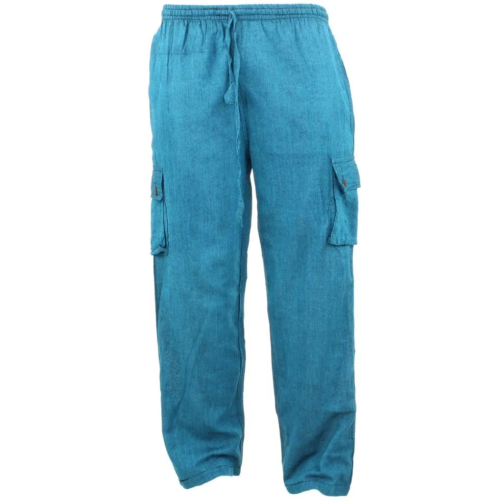 Classic Nepalese Lightweight Cotton Plain Cargo Trousers Pants - Turquoise