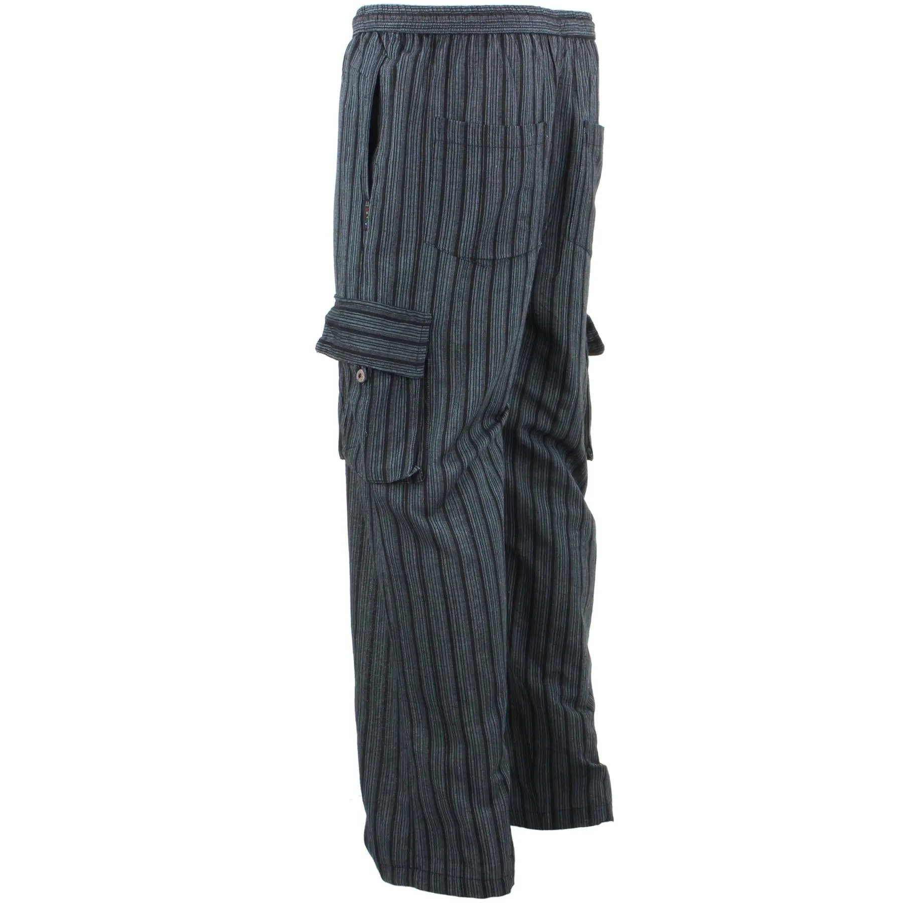 Classic Nepalese Lightweight Cotton Striped Cargo Trousers Pants - Black