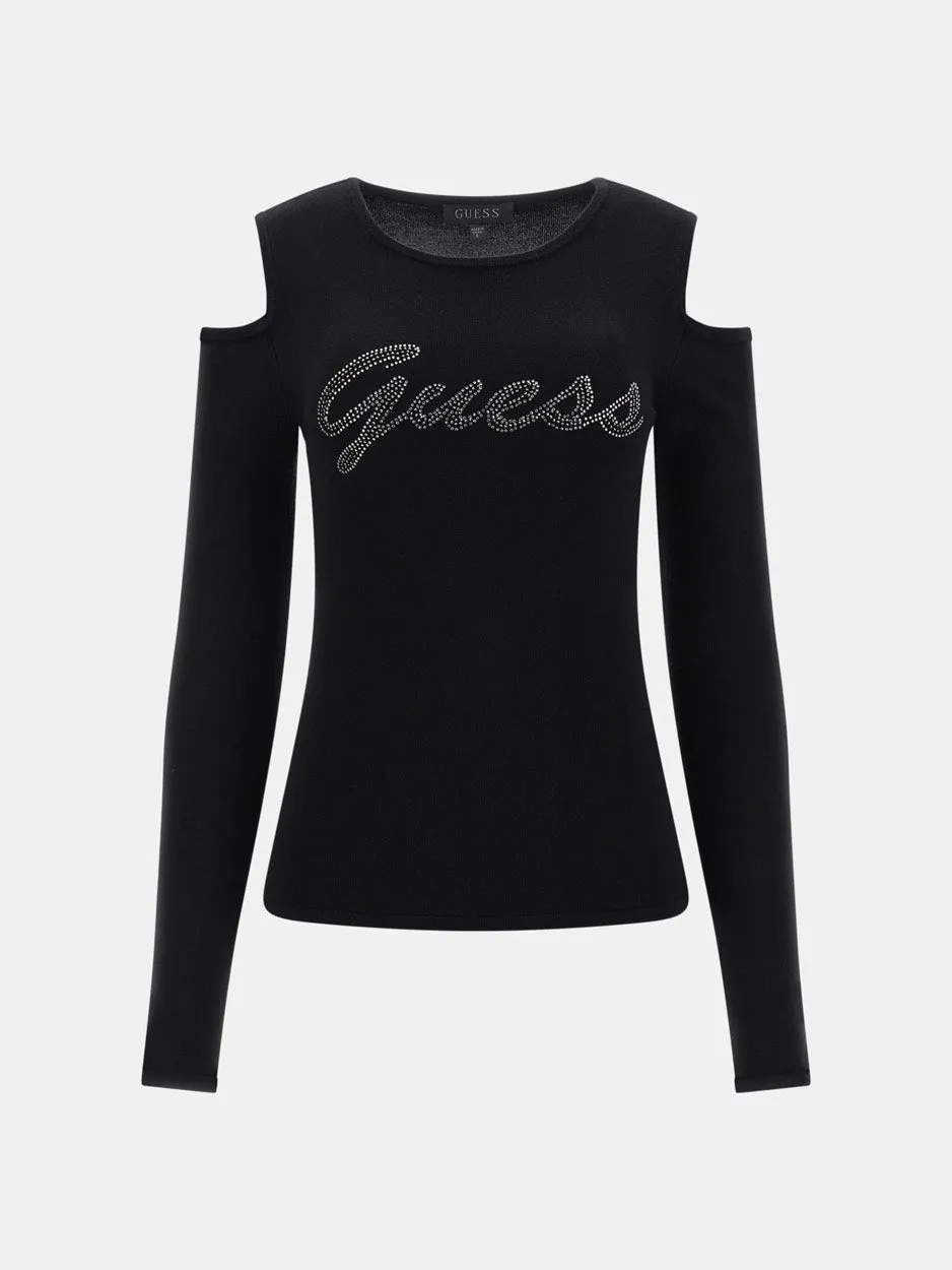 Cold Shoulder Guess Logo Sweater - Zwart