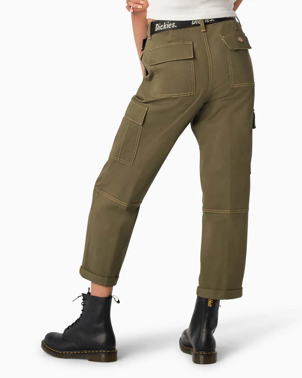 Contrast Stitch Cropped Cargo Pants - Military Green