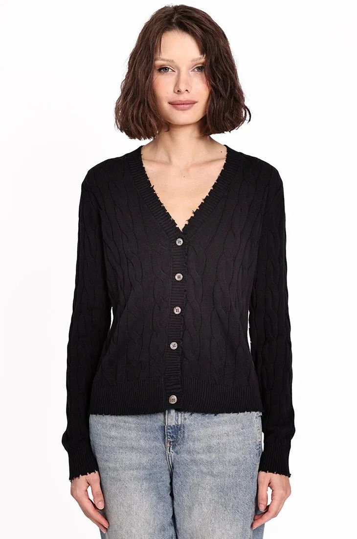 Cotton Frayed Cable Cardigan | Black