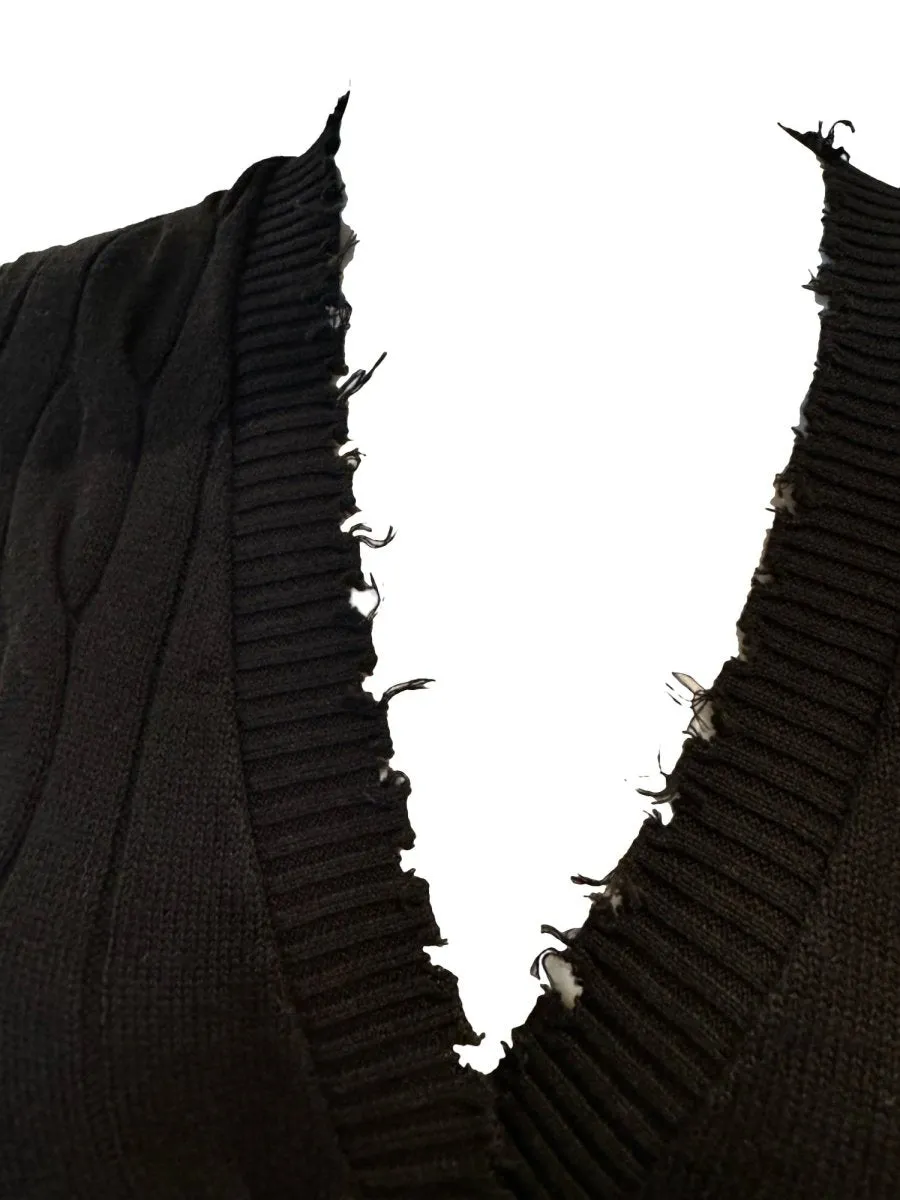 Cotton Frayed Cable Cardigan | Black