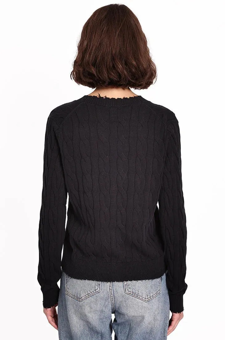 Cotton Frayed Cable Cardigan | Black