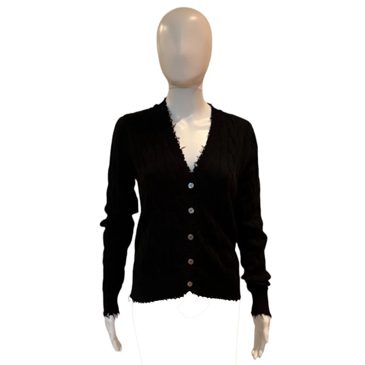 Cotton Frayed Cable Cardigan | Black