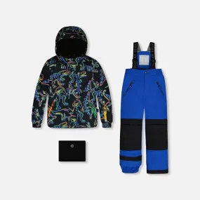 Deux Par Deux Two-Piece Snowsuit - Royal Blue Printed Dinos