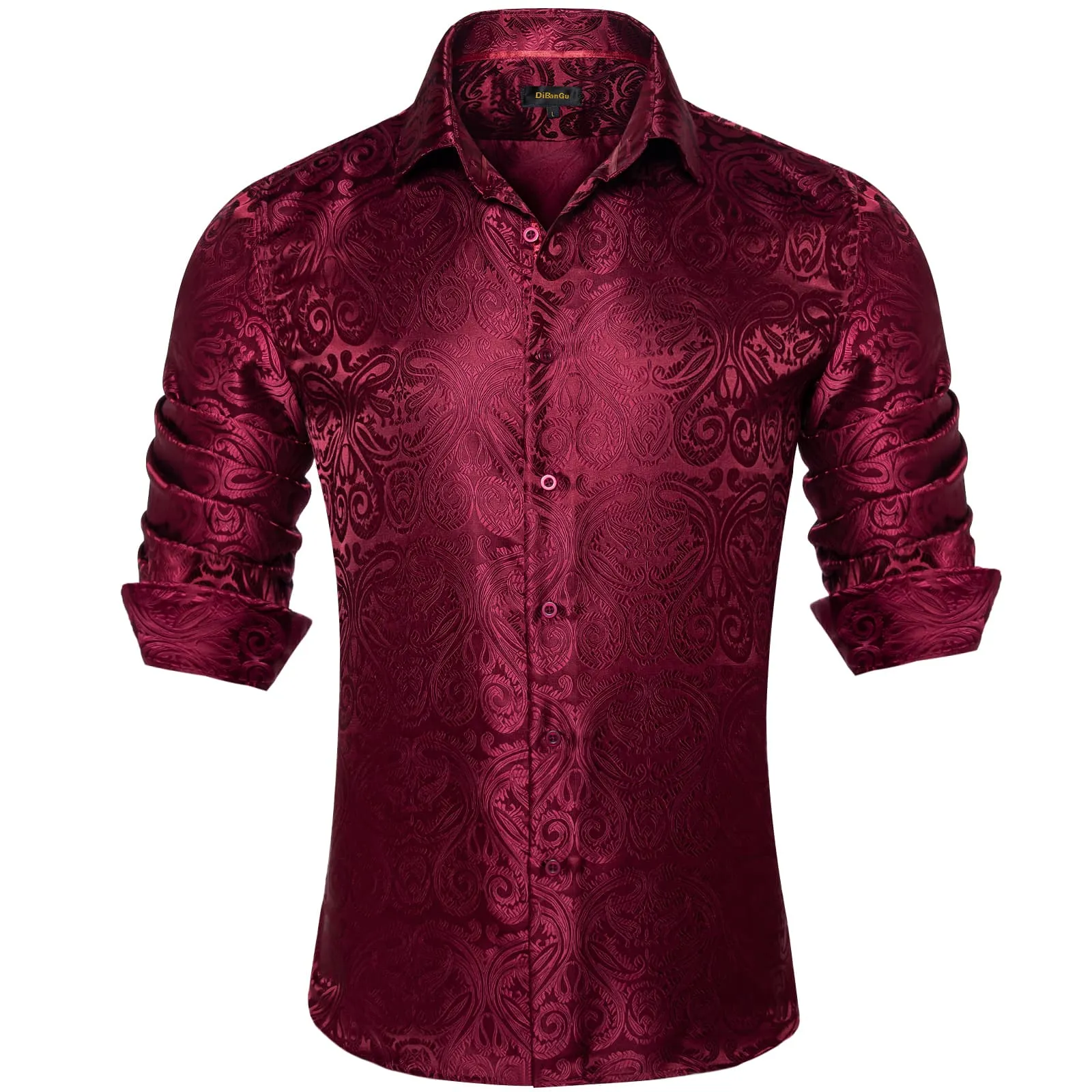 DiBanGu Tuxedo Shirt Burgundy Paisley Business Mens Button Up Shirts