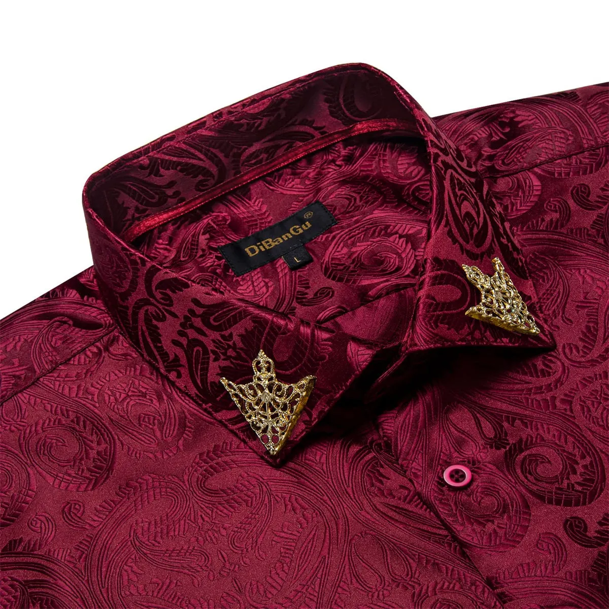 DiBanGu Tuxedo Shirt Burgundy Paisley Business Mens Button Up Shirts