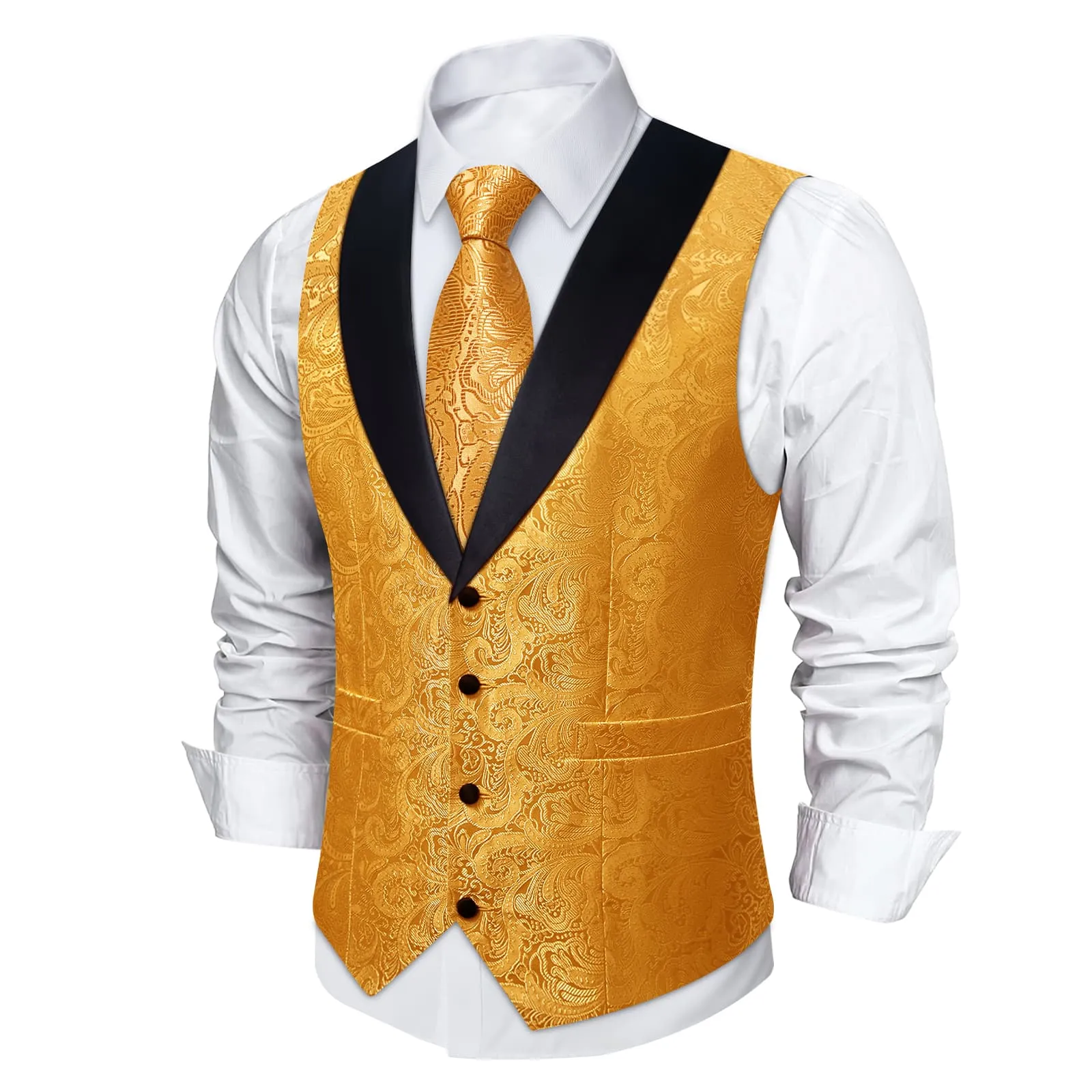 DiBanGu Urobilin Yellow Floral Silk Shawl Collar Mens Dress Vest Tie Set