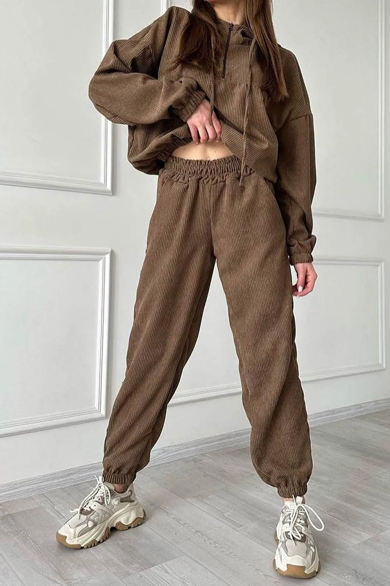 Drawstring Zip-up Hoodie Long Pants Suits